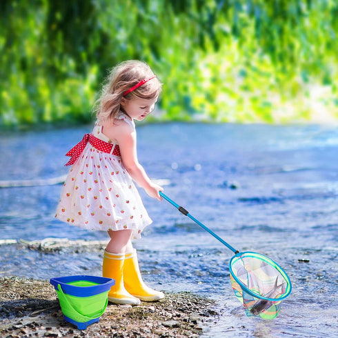 Lanboon Kids Fishing Net - Telescopic Landing Net with Aluminum Pole Handle, Collapsible Bucket Sand Pail, Butterfly