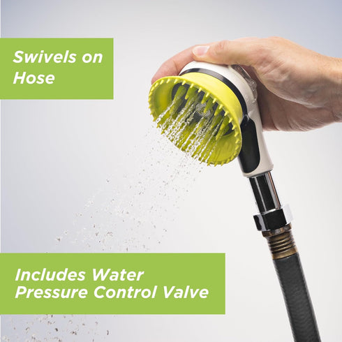 Outdoor Dog Wash Nozzle for Bathing, Quick Paw Rinses, Splash Shield Handle, Rubber Grooming Brush, Metal Connection
