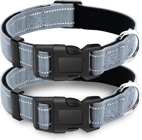 2 Pack Reflective Dog Collar with Safety Locking Buckle, Adjustable Soft Nylon for Small, Medium, Large Dogs, Gray, L