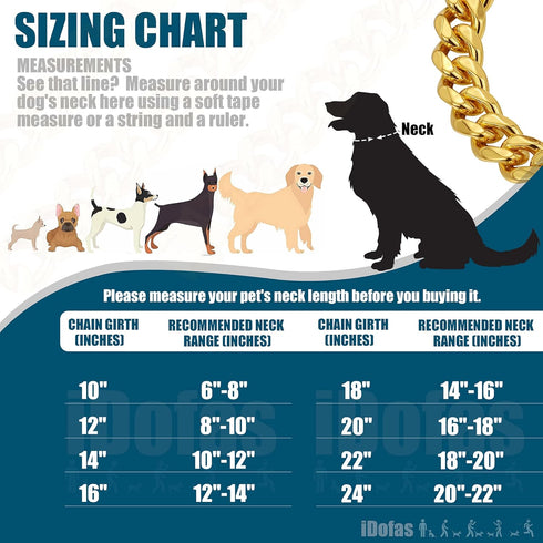 Gold Dog Collar - 10mm Slip Cuban Link Chain, Heavy Duty Stainless Steel Collar for Dogs (14")
