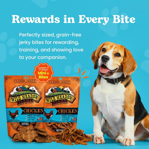 Wild Meadow Farms Classic Chicken Bites, Grain-Free Soft Jerky Treats for Dogs, 3.5 Ounce Pouch, All-Natural, Ideal for