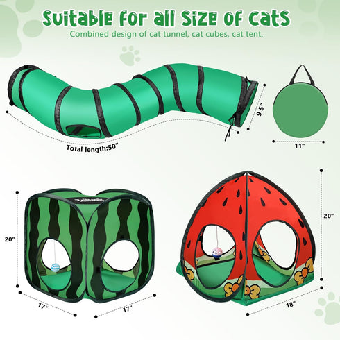 3-in-1 Tailtastic Watermelon Cat Play Tunnel with Pop-Up Cube & Triangle Cat Tent, Interactive Toy Ball & Foldable