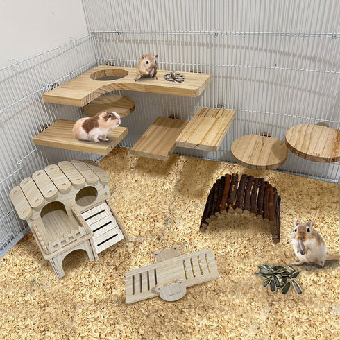 Niwaes Chinchilla Set 7 Pack Wooden Cage Platforms Wood Shelves for Rat Cage Corner Ledges Small Animal Climbing Steps