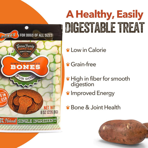 Gaines Family Farmstead Sweet Potato Dog Bones, 8 Ounce Bag, All-Natural, Grain Free, Great for Training