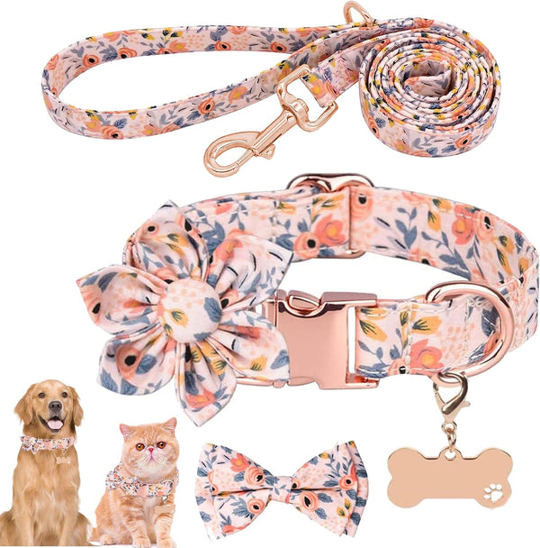 Cute Girl Dog Collar and Leash Set - Adjustable Floral Collar with Flower Bowtie and Metal Buckle for Small Medium