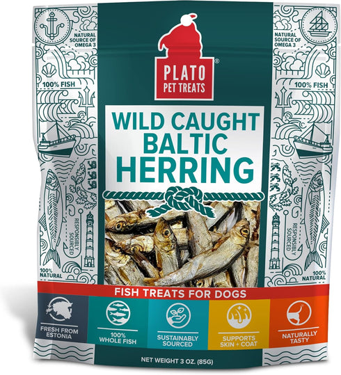 PLATO Pet Treats Air Dried Dog Treat, 3oz Baltic Herring, Real Fish, Grain-Free, All Natural, Single Ingredient