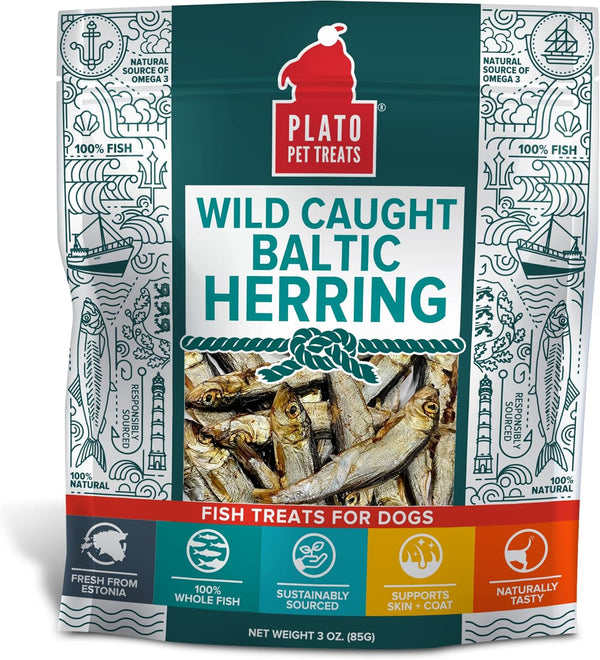 PLATO Pet Treats Air Dried Dog Treat, 3oz Baltic Herring, Real Fish, Grain-Free, All Natural, Single Ingredient