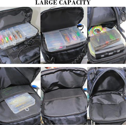 Fishing Tackle Bag with Rod Holders, Multifunctional Sling Backpack with Earphone Hole, Weatherproof for Outdoors