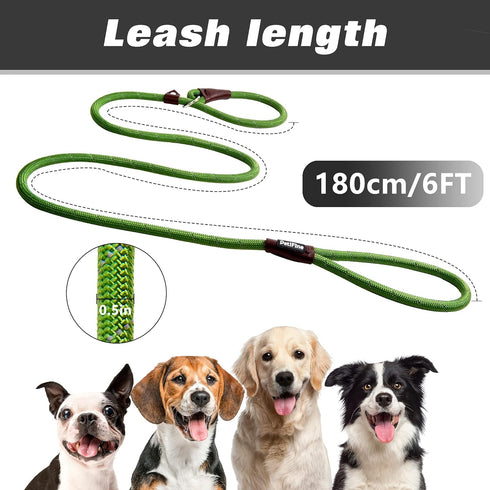 PetiFine 6FT x 1/2" Slip Lead Dog Leash, Reflective Durable Adjustable Nylon Rope for Small Medium Large Dogs (Green)