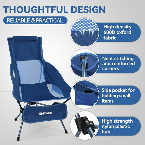 Backpacking MARCHWAY Lightweight Folding High Back Camping Chair with Head Support, Stable Portable Compact for Outdoor