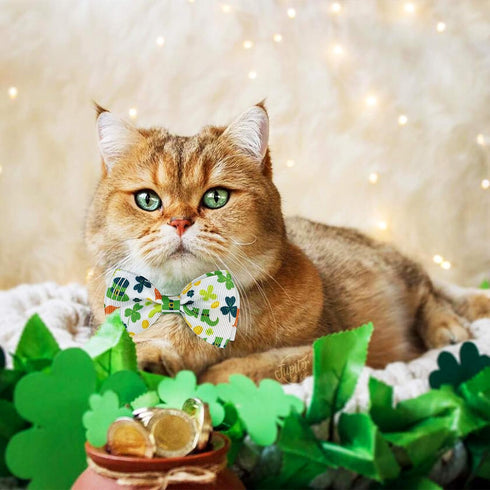St. Patrick's Cat Collar with Bow Tie and Bell, Breakaway Lucky Irish Shamrock Collar for Male and Female Cats