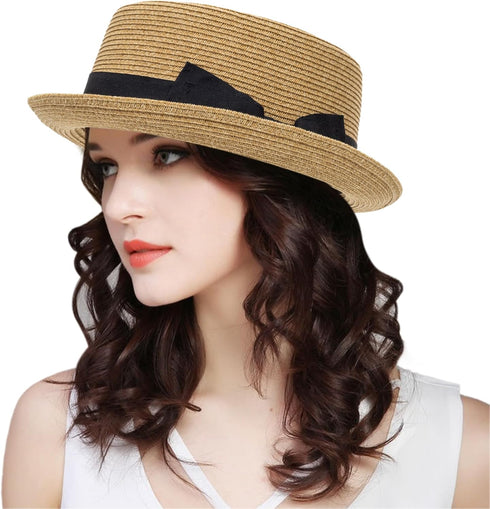 Pork Pie Hat for Men/Women, Classic Straw Boater Derby Sun Hats with Grosgrain Band