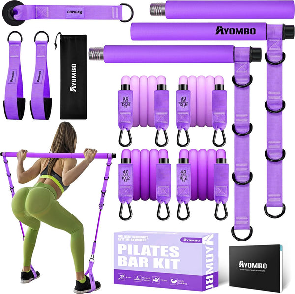 Pilates Bar Kit with Resistance Bands - Adjustable 3-Section Equipment for Legs, Hip, Waist, Arm Workouts