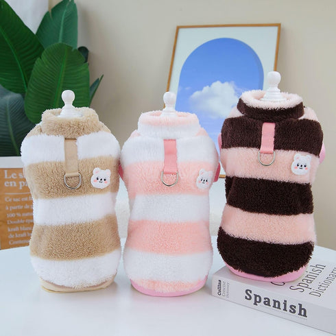 Dog Winter Warm Clothing Striped Vest with Cute Little Bear Pattern Plush Sweater (Black Pink, Medium)