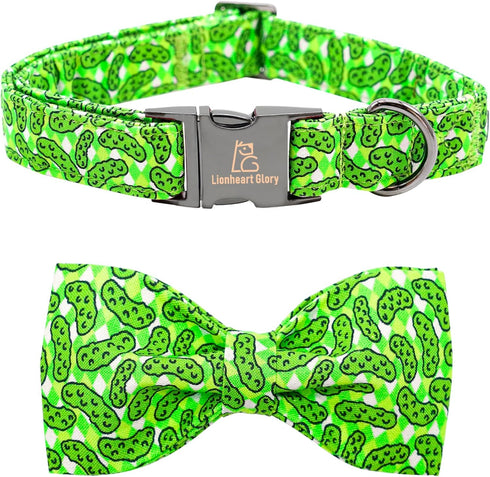 Lionheart Glory Dog Bow Collar - Cucumbers Print Adjustable Green Spring Collar for Large Dogs with Bowtie