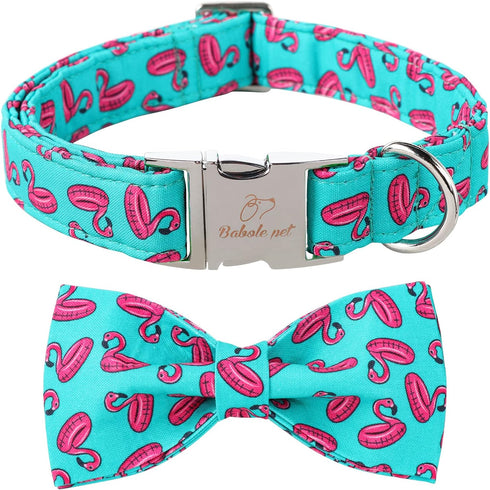 Dog Collars with Bow Tie - Green Flamingo Adjustable Collar for Small Medium Large Dogs, Boy & Girl Gift (L, Neck