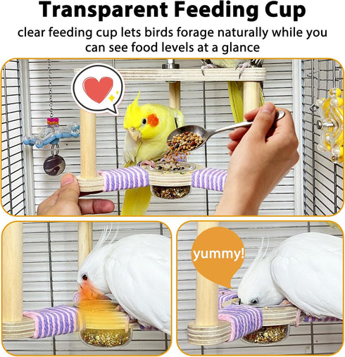 360 Bird Spinning Toy with Feeding Cup, Rotating Bird Perch Toy with Rope-Wrapped for Soft Grip, Interactive Bird Toys