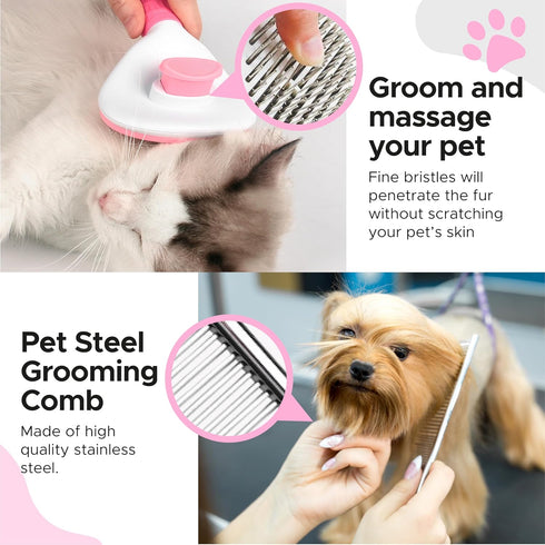 Pet Grooming Kit - Cat and Dog Brushes with Grooming Loop Leash, Apron, Dematting Comb, Slicker Brush, Bath Brush (blue)