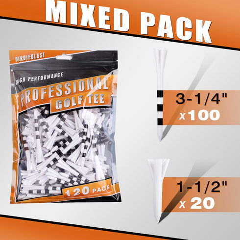 Professional Plastic Golf Tees 120 Pack, 100 Driver Tees & 20 Iron Tees, Reduces Friction & Side Spin