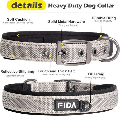Fida Heavy Duty Dog Collar - Ultra Comfortable Soft Neoprene Padded, Adjustable Reflective Nylon for Large Breeds