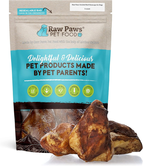 Raw Paws Smoked Beef Kneecaps for Dogs, 5-ct - Packed in USA - Free Range, Antibiotic Free - Smoked Beef Bones