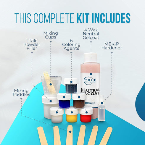 Set 4oz) Gelcoat Repair Kit Marine Fiberglass with Hardener, Coloring Agents & Tools Fix Scratches, Cracks & Chips on