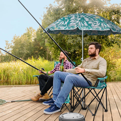 2 Double Camping Chairs with Umbrella, Portable Seat Folding Camp Chair with Cooler Bag, Beverage Holder, Carrying Bag
