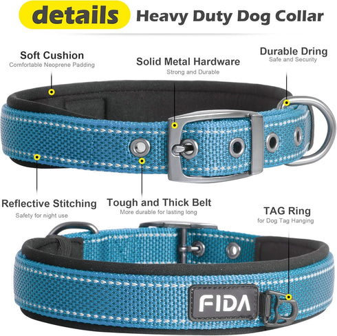 Fida Heavy Duty Dog Collar, Ultra Comfortable Soft Neoprene Padded Adjustable Reflective Nylon for Medium Breeds, Blue,