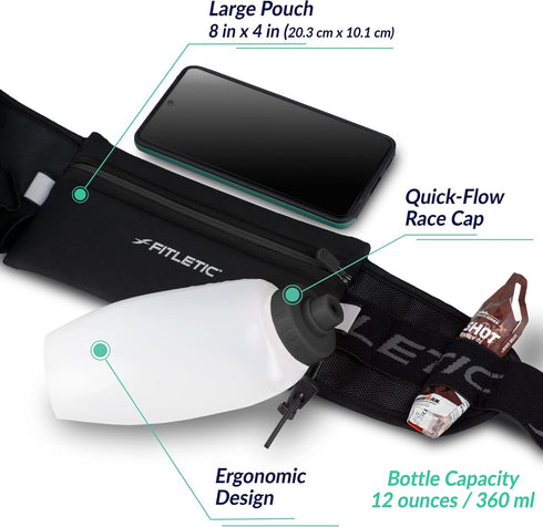 12oz Fitletic Hydration Running Belt With Quick Flow Water Bottle For Men & Women Race Belt, Gel Holder & Bib Toggles