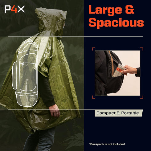 PREPARED4X Emergency Rain Poncho with Mylar Blanket Liner - Heavy Duty Waterproof Camping Gear