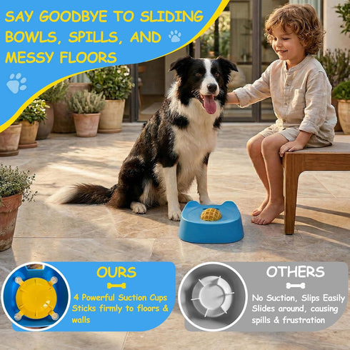 Termony 4 (2,Bicolor) Non-Slip Slow Feeder Dog Bowl, Silicone Lid & Rolling Ball for Liquid/Wet Food. Suction Cup Lick