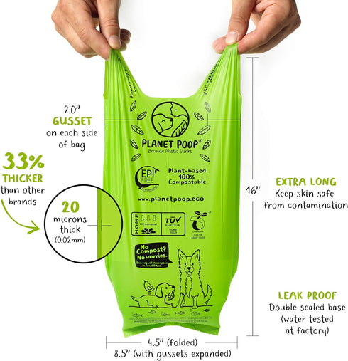 PLANET POOP Home Compostable Dog Poop Bags, 120 Un-Scented Extra-long Pet Waste Bags, Plastic Free, Leakproof