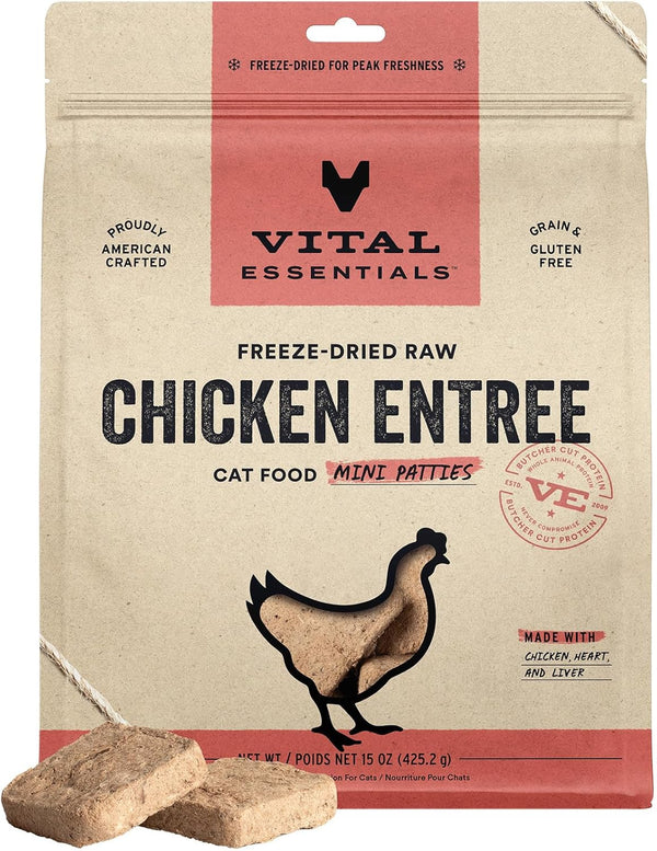 Vital Essentials Freeze Dried Cat Food, Raw Chicken Mini Patties | Complete