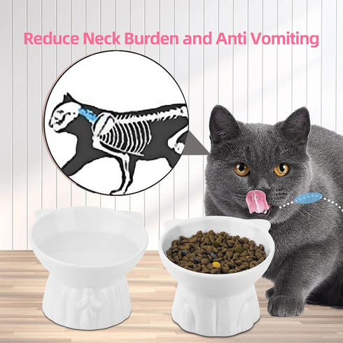 Ceramic Elevated Cat Bowls, 2Pc Extra Wide Raised Bowls for Food and Water, Shallow Whisker Friendly Dish (White)
