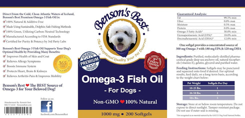 Benson's Best Omega 3 Fish Oil for Dogs - 200 Softgels, 1000 mg, 43% More Omega 3 Fatty Acids