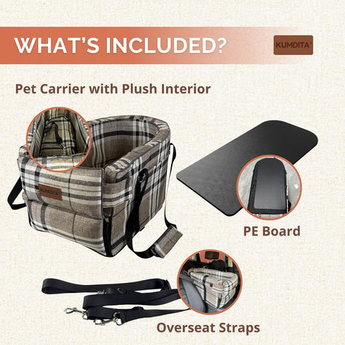 Kumdita' Center Console Car Seat & Carrier for Small Dogs & Cats with Dual Over-Seat Straps, Sewn-in Safety Leash & PE