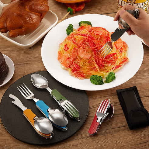 Folding Camping Utensils Cutlery Set, 4-in-1 Stainless Steel Spoon Fork Knife Bottle Opener, 5 Pcs, Red, Green, Black,