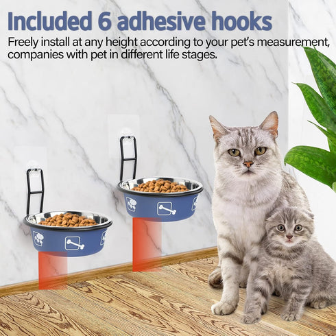 Cat Feeder, Wall Mounted, Raised Stainless Steel Bowls with Stand, Nonslip No Spill, 2 Packs (Blue)