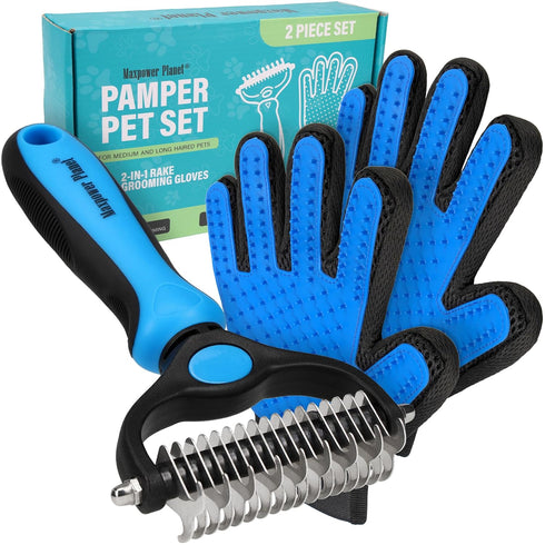 Maxpower Planet Pet Grooming Brush and 2X Grooming Gloves Combo, Double Sided Dematting Brush for Dogs and Cats