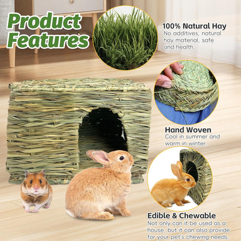 Cozy Chinchilla Hamiledyi Large Rabbit Grass House Hand Woven Natural Bunny Hut Foldable Play Bed Safe Hideaway Hay Mat