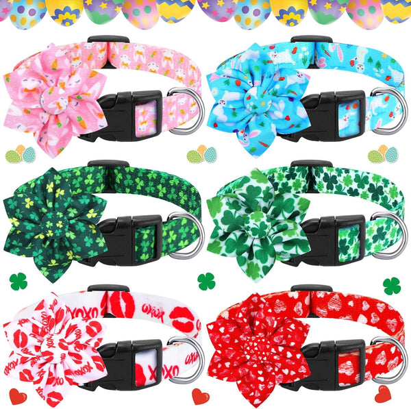 6 Pcs Easter Day Dog Collar, Adjustable Holiday Collars with Flower Safety Buckle for Small Medium Large Dogs