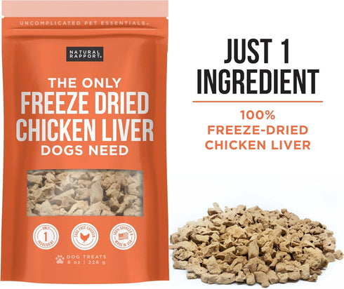 Natural Rapport Chicken Liver Dog Treats, Grain-Free Chicken Bites, 8 oz, The Only Freeze Dried Chicken Liver Dogs Need