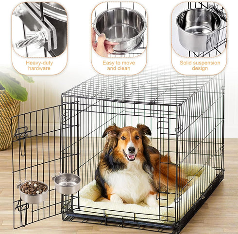 Dog Crate Water Bowl, 2 Pack No Spill Hanging Cage Food Bowls for Kennel Puppy Cat Bird Bunny Stainless Steel Metal Mountable Small&Medium Feeding Dish Wall Mounted Attachable Crates Pet Feeder