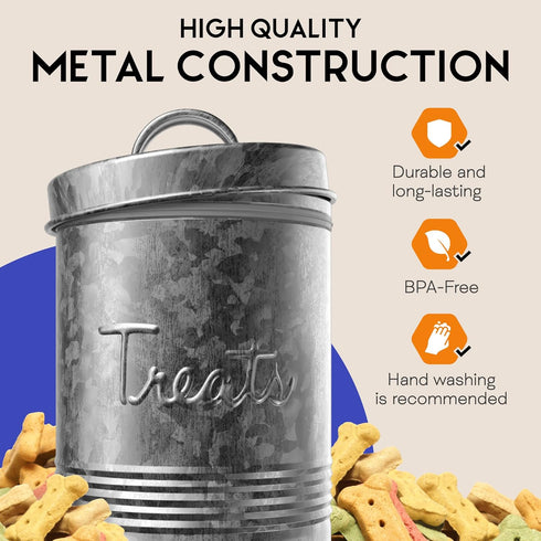 Amici Pet Retro Treats Galvanized Relief Lettering Metal Storage Canister, Food Safe, 72 Ounces