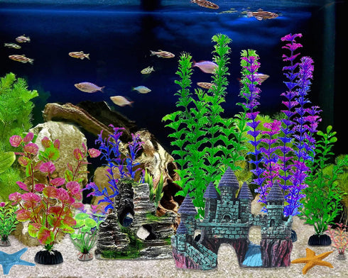 13 Pieces Aquarium Decorations Kit, Small Resin Castle and Rockery Betta Fish Cave Set