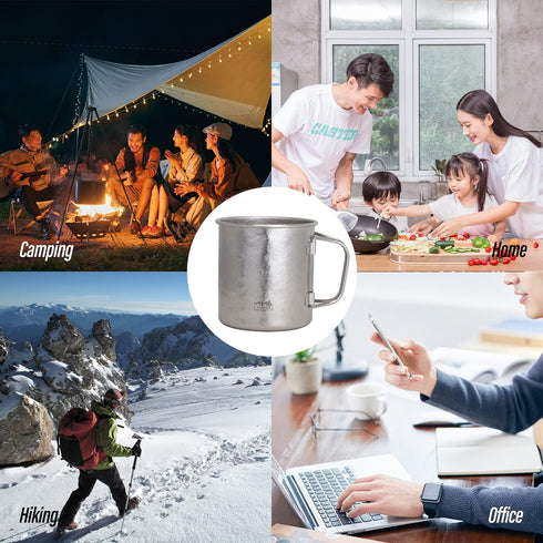 TiTo Titanium Cup with Lid, Ultralight Portable 450ml Foldable Handle Camping Tea Coffee Water Mug for Outdoor Use