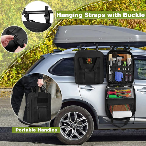 Hanging Camp Utensil Organizer with Towel Paper Holder, Portable Camping Kitchen Cookware Bag for Outdoor Cooking
