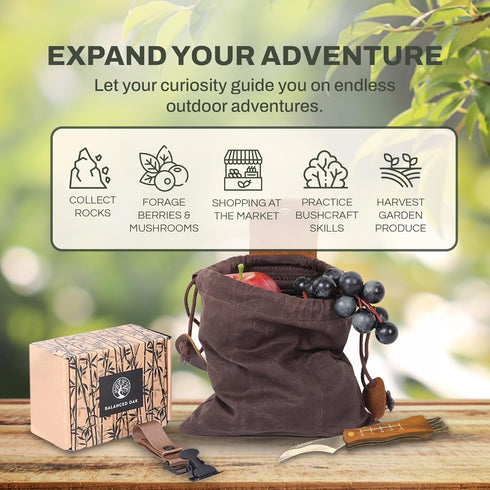 Balanced Oak Mushroom Foraging Kit, Waxed Canvas Foraging Bag, Glove Attachment, and Stainless Steel Foraging Knife