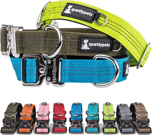 SparklyPets Heavy Duty Wide Dog Collar with Quick Release Chrome Buckle – Tactical Dog Collar with Reflective Stripes & Soft Lining – Thick Dog Collars for Large & Medium Dogs (Blue, Size 3)