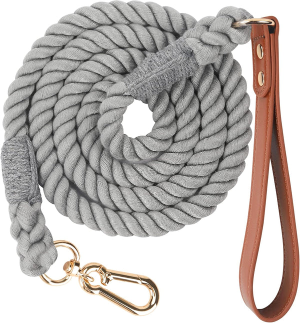 5 FT Dog Leash, Handmade Braided Cotton Rope with Leather Handle for Small Medium Large Dogs, Grey